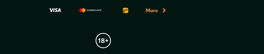 Casino footer with Visa, Mastercard, and Jeton payment options, a “More” link, and an 18+ age restriction badge on a dark green background.