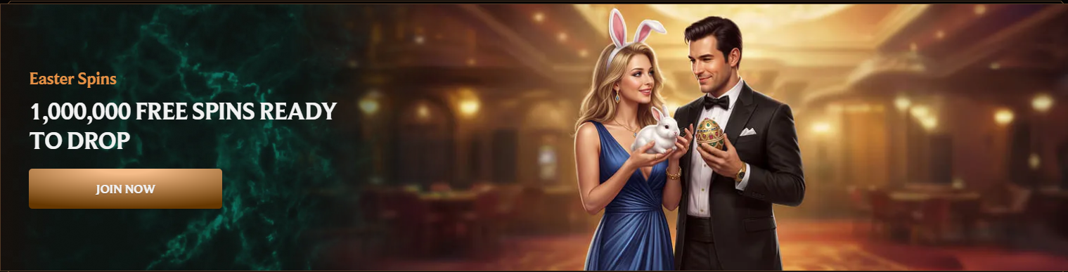 Online casino Easter promotion featuring 1,000,000 free spins, festive rewards, and a limited-time bonus offer for players.