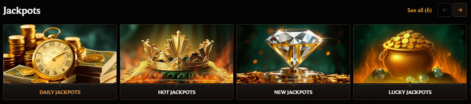 Online casino jackpots section featuring daily jackpots, hot jackpots, new jackpots, and lucky jackpots with big win potential.