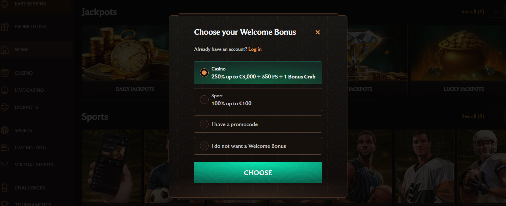 Online casino welcome bonus selection popup offering 250% up to €3,000 plus 350 free spins, sports bonus options, and promo code entry.